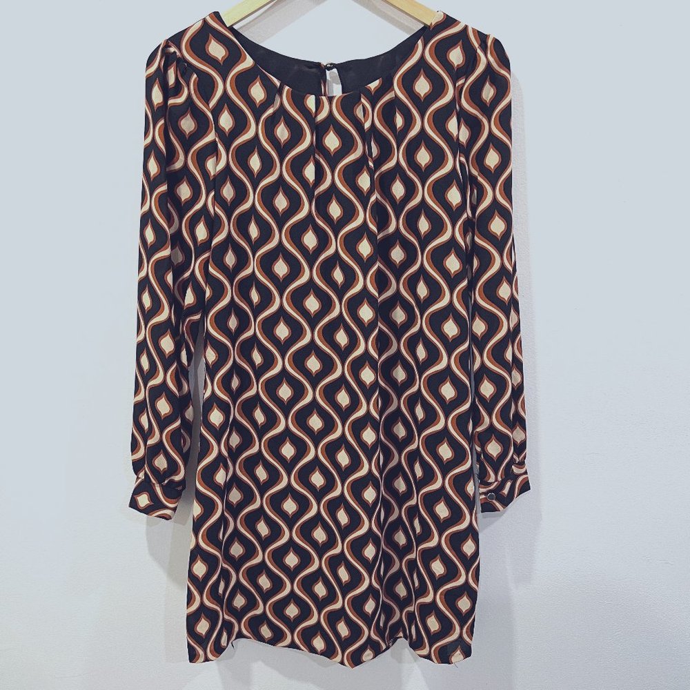 Moda Italia Black Brown Retro Long Sleeve Shift Dress Size S